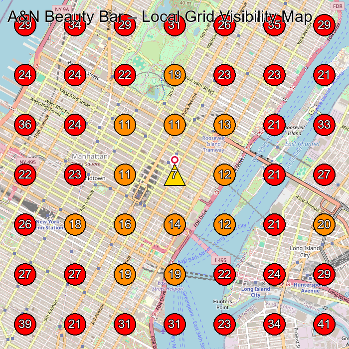 A&N Beauty Bar GeoGrid visibility map for Beauty Salon in New York